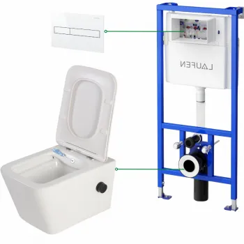 Set vas wc suspendat cu functie de bideu, baterie negru mat inclusa, cu capac soft close, Foglia Safari, rezervor incastrat Laufen LIS si clapeta de actionare, alb lucios imagine