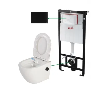 Set vas wc suspendat cu functie de bideu si baterie negru mat inclusa Foglia Oslo si rezervor wc si clapeta aluminiu negru mat, Alcaplast imagine