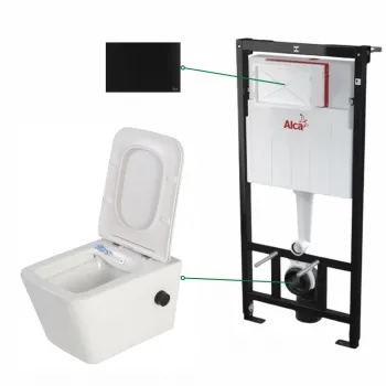 Set vas wc suspendat cu functie de bideu si baterie negru mat inclusa Foglia Safari, rezervor wc si clapeta aluminiu negru mat, Alcaplast imagine