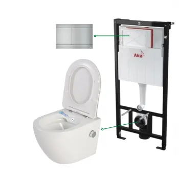 Set vas wc suspendat cu functie de bideu si cu baterie crom inclusa Foglia Oslo, rezervor wc incastrat cu clapeta aluminiu mat, Alcaplast imagine