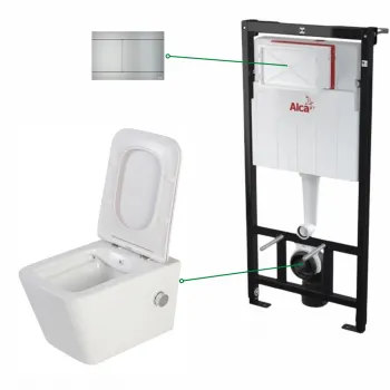 Set vas wc suspendat cu functie de bideu si cu baterie crom inclusa Foglia Safari, rezervor wc incastrat cu clapeta aluminiu mat, Alcaplast imagine