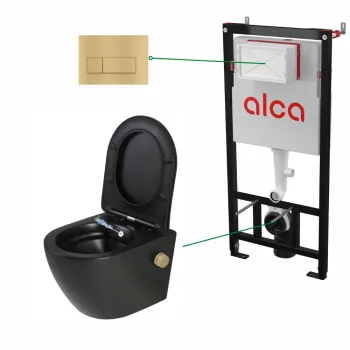 Set vas wc suspendat negru mat cu functie bideu si baterie inclusa auriu mat Foglia Oslo, rezervor incastrat si clapeta auriu mat, Alcadrain imagine
