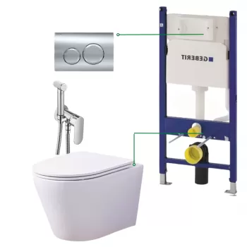 Set vas wc suspendat rimless cu capac soft close, baterie bideu, rezervor incastrat si clapeta Geberit Delta imagine