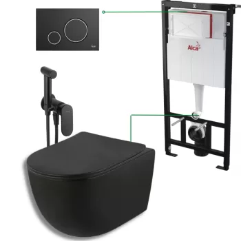 Set vas wc suspendat rimless negru mat cu capac soft close, baterie bideu, rezervor incastrat si clapeta Alca imagine