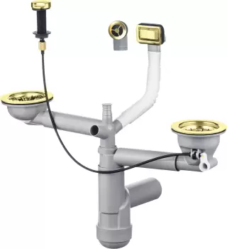 Sifon chiuveta bucatarie doua cuve, cu preaplin si ventil cu dop automat, auriu Deante Space-Saver Lux imagine