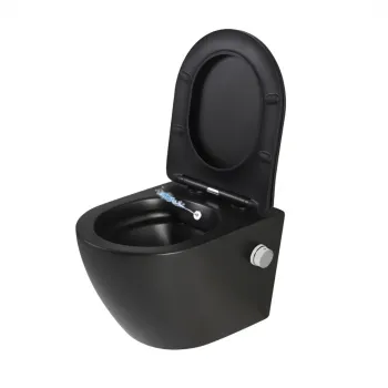 Vas wc suspendat cu functie bideu, negru mat, apa calda rece, spalare rimless, baterie inclusa crom Foglia Oslo imagine