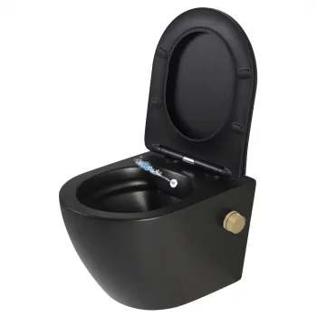 Vas wc suspendat cu functie bideu, negru mat, rimless si baterie inclusa auriu mat Foglia Oslo imagine