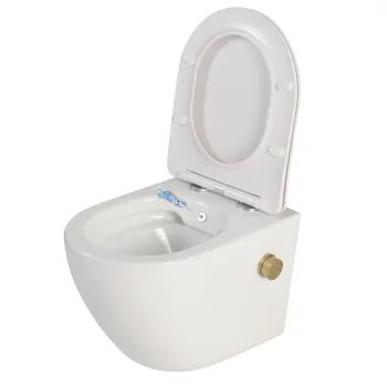 Vas wc suspendat cu functie bideu, semirotund, rimless, capac soft close si baterie auriu mat Foglia Oslo imagine