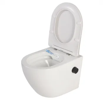 Vas wc suspendat cu functie bideu, semirotund, rimless, capac soft close si baterie negru mat Foglia Oslo imagine