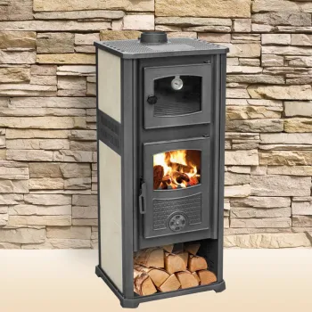 Semineu ( SOBA ) combustibil solid Fornello Roma G Ivory 11-13 kW, 490x460x1160 mm, prevazut cu plita si cuptor pentru gatit, gratar ardere din fonta, camera de ardere samotata, plita din fonta, usa din fonta cu geam din sticla termorezistenta imagine