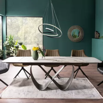 Set masa extensibila Infinity Ceramic alb/maro - L160-240 cm + 3 scaune Azalia piele olive + 2 scaune Azalia piele gri imagine