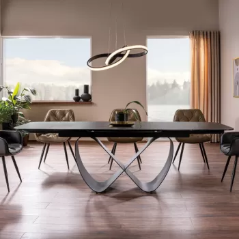 Set masa extensibila Infinity Ceramic negru/negru mat - L160-240 cm + 3 scaune Cherry piele olive + 2 scaune Cherry piele gri imagine