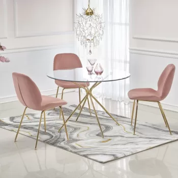 Set masa rotunda din sticla Rondo diametru 110 cm, inaltime 74 cm + 2 scaune din catifea K381 velvet roz/auriu inaltime 88 cm imagine