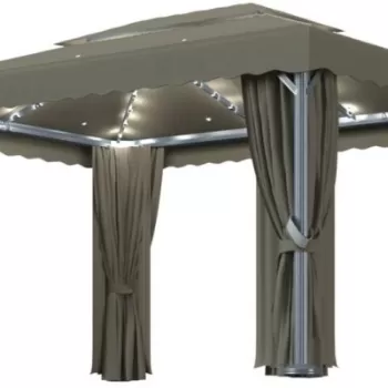 Pavilion cu perdea si cu sir de lumini led, gri taupe, 4x3 m imagine
