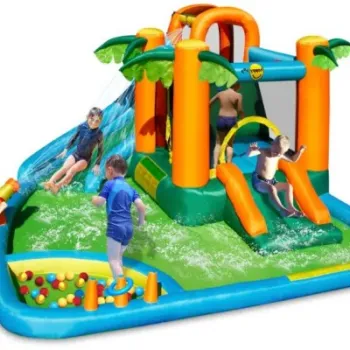 Saltea gonflabila oasis 7 in 1, cu loc de joaca cu bile, tun cu apa, spatiu de catarat, doua tobogane, 30 bile plastic inlcuse imagine