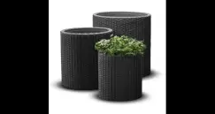 Set 3 ghivece cilindrice imitatie ratan S M L Planters - Antracit imagine