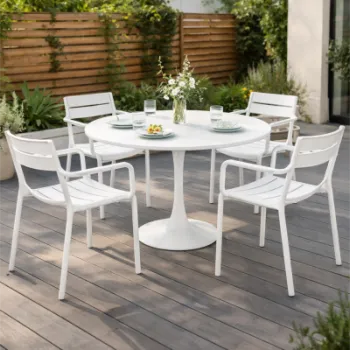 Set dining terasa PLEZURO CRUSOE, masa rotunda  120 cm, cu 4 scaune cu brate, alb, otel si polipropilena imagine