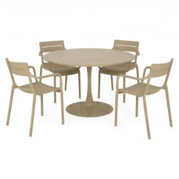 Set dining terasa PLEZURO CRUSOE, masa rotunda 120 cm cu 4 scaune cu brate, bej, otel si polipropilena imagine