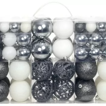 Set globuri de Craciun 100 de piese, 3/4/6 cm, alb/gri imagine