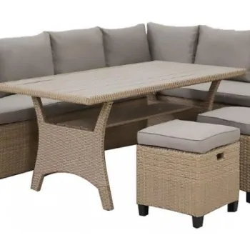 Set mobilier gradina coltar cu spatiu depozitare, masa si 2 tabureti Baxter imagine