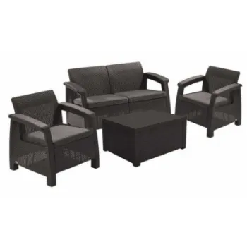 Set mobilier gradina Keter Corfu II Duo Box 4 persoane, canapea cu fotolii si masa cu depozitare, grafit gri rece imagine