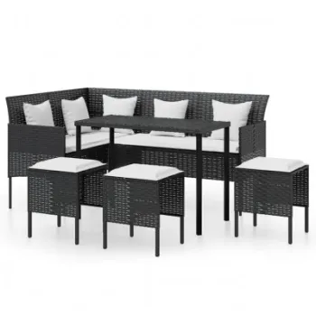 Set mobilier gradina poliratan, forma L, pentru 7 persoane, cu perne incluse, negru imagine