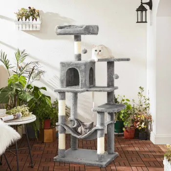 Ansamblu de joaca pisici / arbore pentru pisici cu hamac, Feandrea, 55x42x143 cm, PAL/plus/sisal, gri deschis imagine