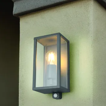 Aplica de perete pentru exterior cu senzor Garonne, TRIO, 14x13.5x29 cm, 60W, 1x E27, aluminiu, antracit imagine