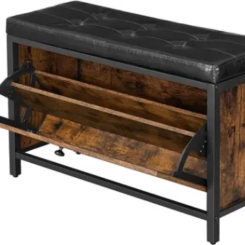 Bancheta cu pantofar Copadion, Vasagle, 80 x 30 x 51 cm, 6 perechi pantofi, imitatie de piele, maro rustic/negru imagine