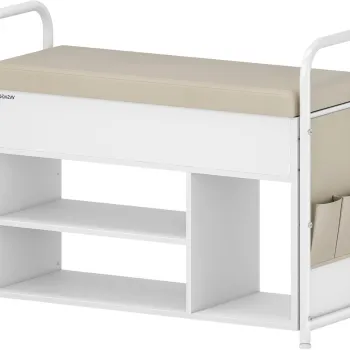 Bancheta cu pantofar si spatiu de depozitare, Vasagle, 80.6x30x62.5 cm, max 91 kg, otel/piele ecologica, alb imagine