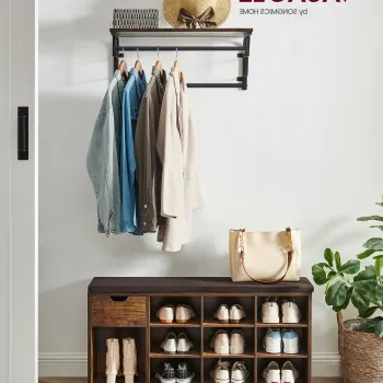 Bancheta cu pantofar, Vasagle, 11 compartimente, 104x30x48 cm, PAL/MDF, maro rustic imagine