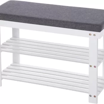 Bancheta cu pantofar, Vasagle, 71 x 29 x 49 cm, bambus, alb/gri imagine