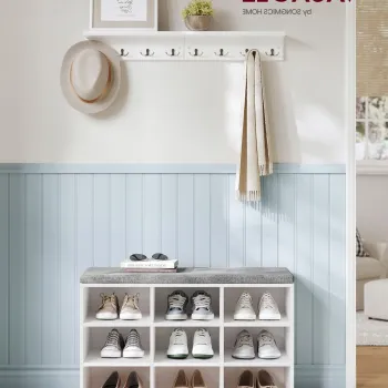 Bancheta cu pantofar, Vasagle, 9 compartimente, 104x30x48 cm, PAL, alb/gri imagine