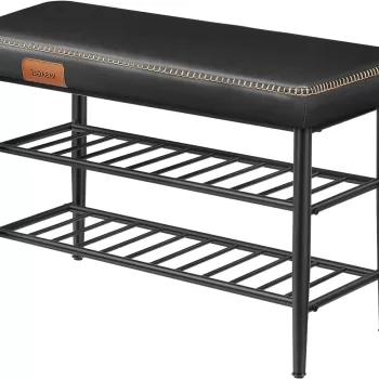 Bancheta cu pantofar Vasagle Ekho, 80 x 30 x 50 cm, max 135 kg, piele ecologica/otel, negru ink imagine