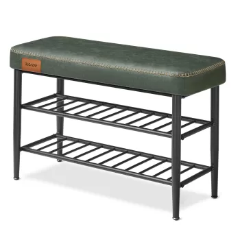 Bancheta cu pantofar Vasagle Ekho, 80 x 30 x 50 cm, max 135 kg, piele ecologica/otel, verde padure imagine