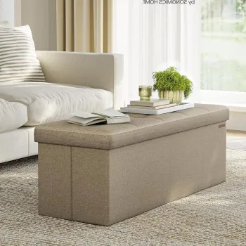 Bancheta cu spatiu de depozitare Mazi, Songmics, 110x38x38 cm, max 300 kg, MDF/imitatie de in, maro camel imagine