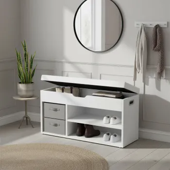 Bancheta cu spatiu de depozitare si pantofar, Vasagle, 80x30x44 cm, PAL/poliuretan, alb imagine