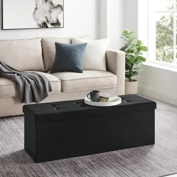 Bancheta cu spatiu de depozitare, Songmics, 110x38x38 cm, max 300 kg, MDF/imitatie de in, negru imagine