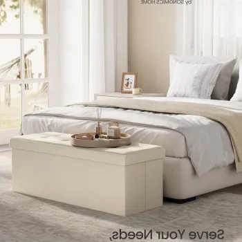 Bancheta cu spatiu depozitare, Mazie, Songmics, 110x38x38 cm, MDF/imitatie in, crem imagine