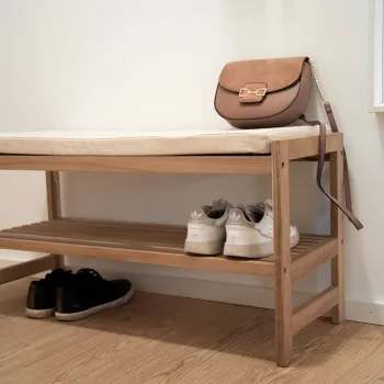 Bancheta cu spatiu depozitare pentru pantofi, Wenko, Acina, 90 x 34 x 45 cm, lemn de acacia, natur/crem imagine