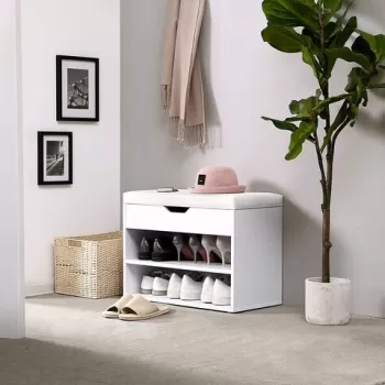 Bancheta cu spatiu depozitare si pantofar Vasagle, sezut din piele ecologica, 60 x 30 x 44 cm, alb imagine
