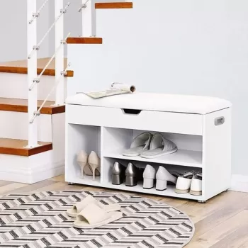 Bancheta cu spatiu depozitare si pantofar Vasagle, sezut din piele ecologica, 80 x 30 x 44 cm, alb imagine