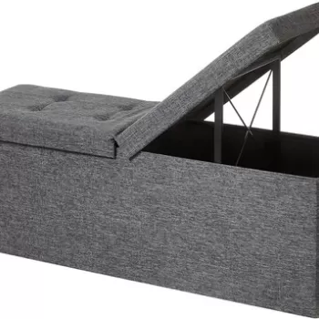 Bancheta cu spatiu pentru depozitare Ottoman Classic, Vasagle, 110 x 38 x 38 cm, pliabila, imitatie in/MDF/fier, gri deschis imagine