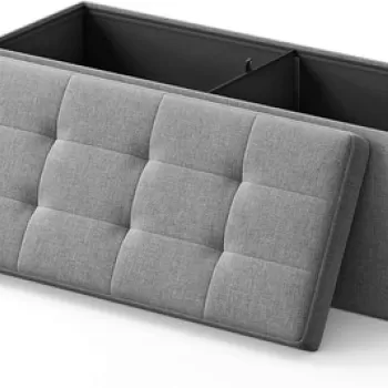 Bancheta cu spatiu pentru depozitare Ottoman Classic, Vasagle, 110 x 38 x 38 cm, pliabila, imitatie in/MDF, gri deschis imagine