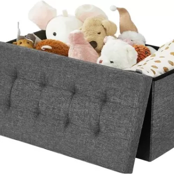 Bancheta cu spatiu pentru depozitare Ottoman Dark, Vasagle, 76 x 38 x 38 cm, pliabila, imitatie in/MDF, gri inchis imagine