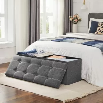 Bancheta cu spatiu pentru depozitare Vasagle, 110 x 38 x 38 cm, pliabila, imitatie in/MDF, gri inchis imagine