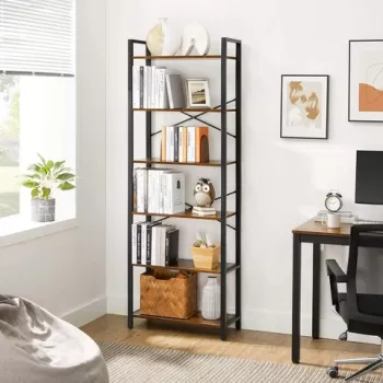 Biblioteca Alinru, Vasagle, 66 x 30 x 186 cm, PAL/otel, 6 rafturi, maro rustic imagine