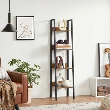 Biblioteca cu 4 rafturi Vasagle Ladder, 33.8x30x140 cm, PAL/otel, maro/rustic imagine