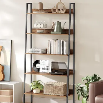 Biblioteca cu 5 niveluri Ladder, Vasagle, 80x30x170 cm, max 75 kg, PAL/otel, maro imagine