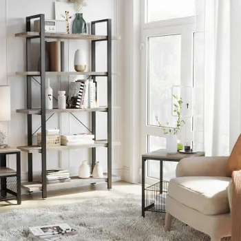 Biblioteca cu 5 rafturi, Vasagle, Industrial, 105x33.5x177.5 cm. PAL/otel, gri/negru imagine